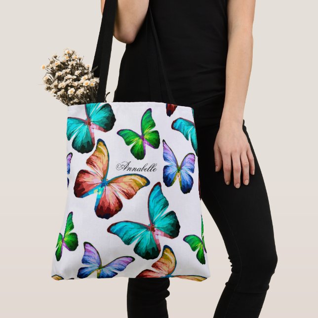 Realm of Rainbow Morpho Blue Butterflies Tote Bag (Close Up)