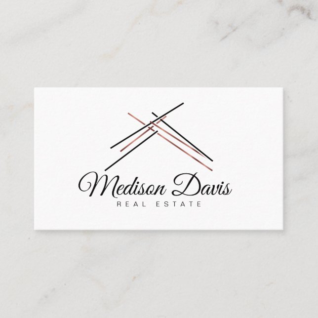Realtor branding  with hous roof in rose gold  business card (Front)