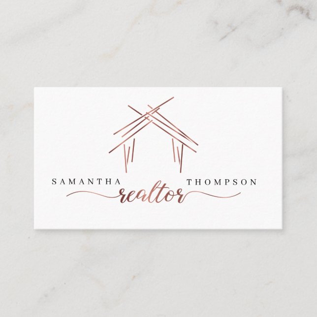 Realtor branding with house in rose gold business card (Front)