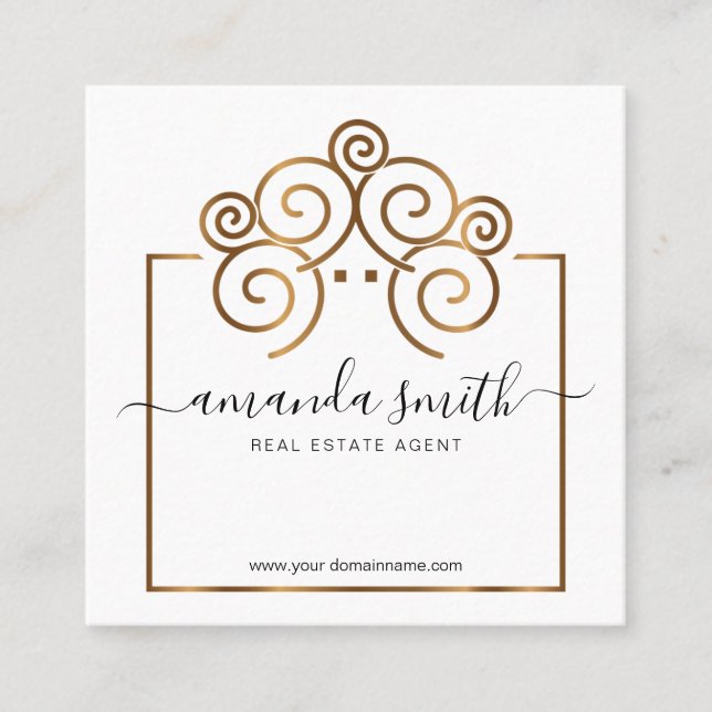Realtor branding with treehouse in gold square business card (Front)