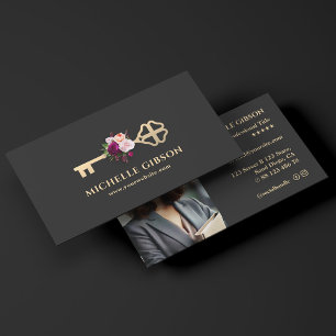 Realtor Broker Mortgage Floral Gold Key Dark Grey Business Card