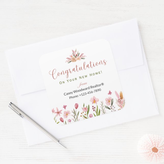 Realtor Congratulations Personalised Flowers Square Sticker (Envelope)
