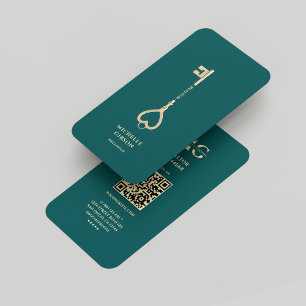 Realtor Dark Teal Gold Key Monogram Modern Business Card
