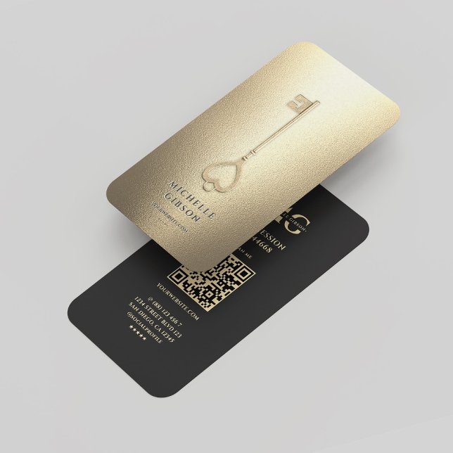 Realtor Faux Gold Key Elegant Modern Monogram Business Card (Realtor Black Gold Key Elegant Modern Monogram Business Card
)