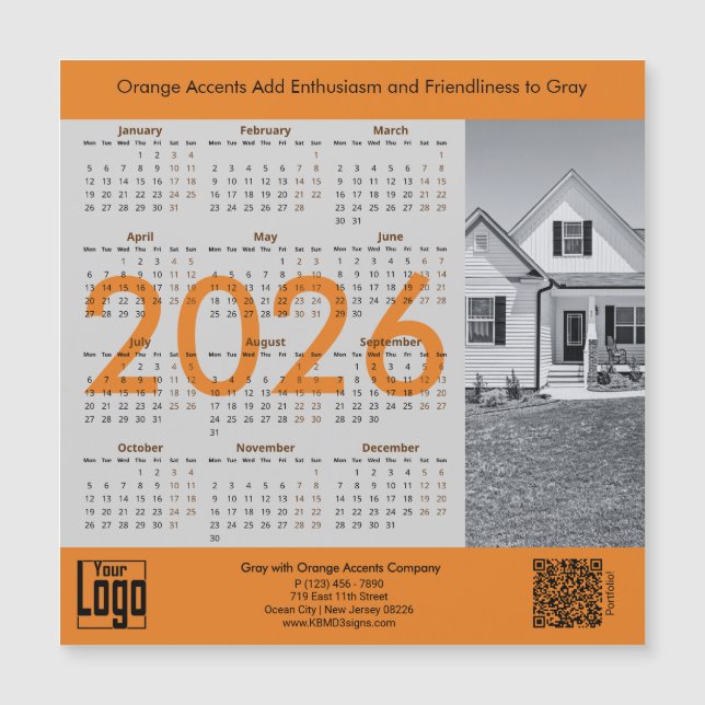 Realtor Gray Orange 2026 Calendar Magnet (Front)