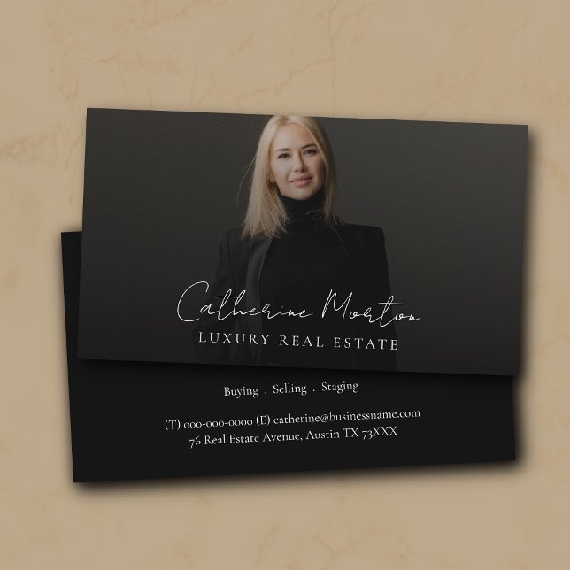 Realtor Luxury Black and White Real Estate  Business Card (Chic Realtor Photo Luxury Real Estate Business Card)