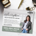 Realtor Marketing Logo Real Estate Farming Mailer Postcard<br><div class="desc">Strengthen your real estate marketing strategy with this professionally designed farming mailer postcard, perfect for showcasing your services to potential home sellers. This customisable postcard allows you to upload your logo and photo, creating a personal and polished touch that builds trust and credibility in your community. Whether you're introducing yourself...</div>