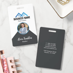 Realtor Modern Black Blue Real Estate Agent Photo  ID Badge