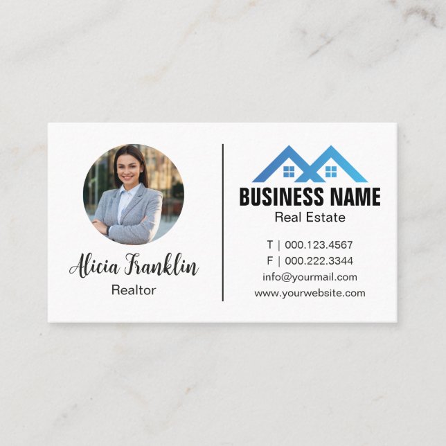 Realtor Modern Blue Real Estate Agent Photo  Business Card (Front)