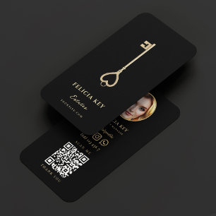 Realtor Property Manager Elegant Black Gold Key  Business Card