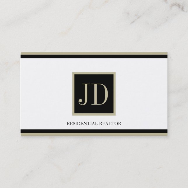 Realtor White Black/Tan Square Monogram Plaque Business Card (Front)
