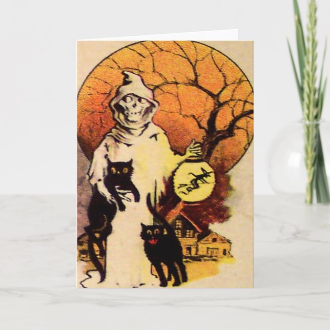 Reaper Black Cat (Vintage Halloween Card) Card (Front)