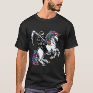 Reaper Riding Unicorn Rainbow Skeleton Halloween T-Shirt