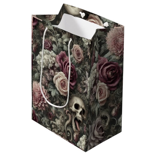 Reaping in the Roses – Gothic Floral Skull Medium Gift Bag (Front Angled)