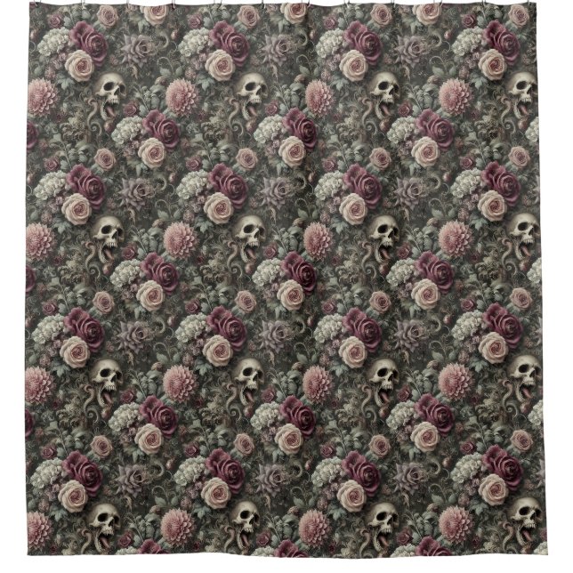 Reaping in the Roses – Gothic Skull Floral  Shower Curtain (Front)