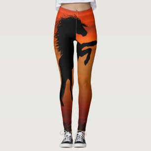 Rearing Black Horses on Fiery Sunset Leggings