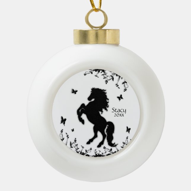 Rearing Black Stallion Ceramic Ball Christmas Ornament (Front)