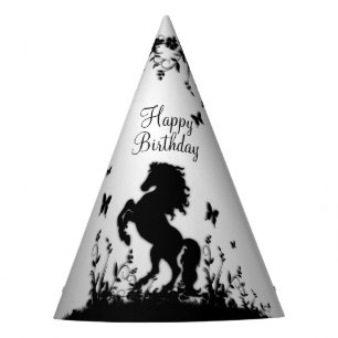 Rearing Black Stallion / Horse on Silver Birthday Party Hat
