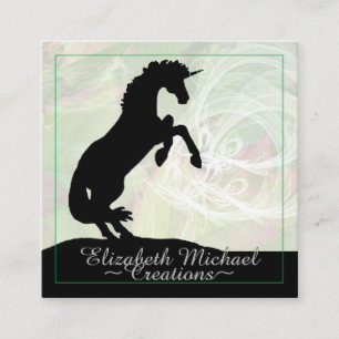 Rearing Black Unicorn (abstract green swirl) Square Business Card