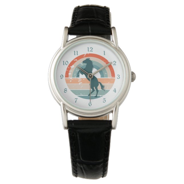 Rearing Blue Horse Retro Rainbow  Watch (Front)