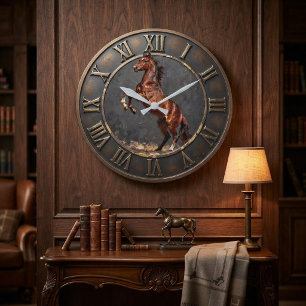 Rearing Brown Horse Bronzed Equestrian Statement Large Clock
