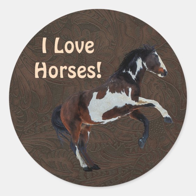 Rearing Pinto Stallion Horse on faux Leather BG Classic Round Sticker (Front)