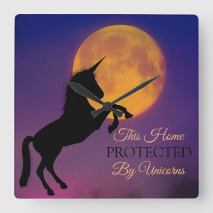 Rearing Unicorn Silhouette, Full Harvest Moon Square Wall Clock