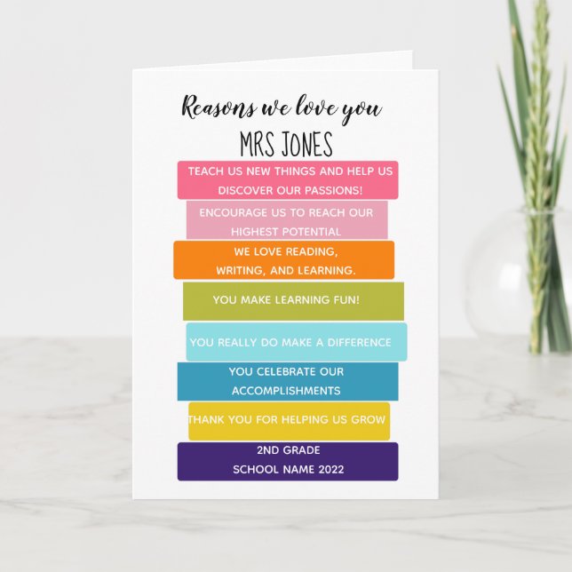 Reasons we love you teacher Stacked Book Card (Front)
