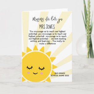 Reasons we love you teacher sun shine card