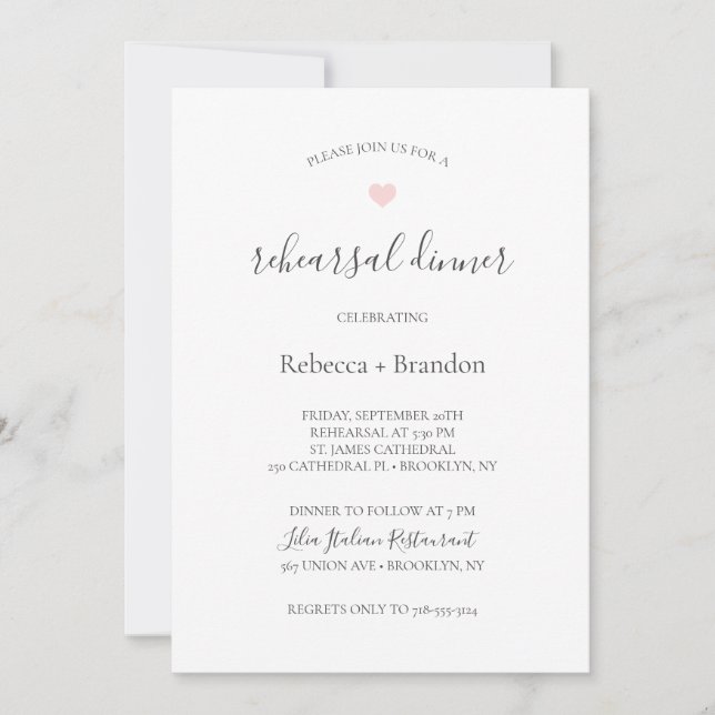 Rebecca Pink Heart Calligraphy Rehearsal Dinner Invitation (Front)