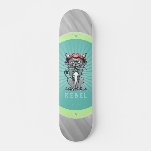 Rebel Cat Design Grey, Teal & Lime Green Skateboar Skateboard (Front)