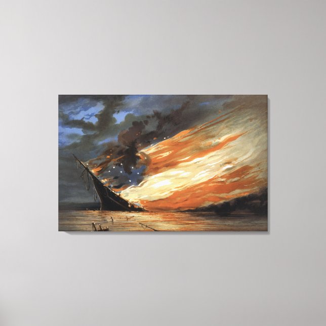 Rebel Civil War flagship on Fire of American flag Canvas Print (Front)