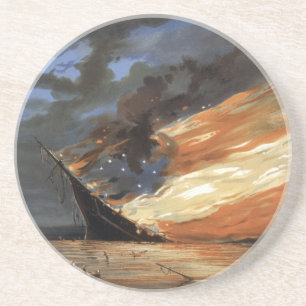 Rebel Civil War flagship on Fire of American flag  Coaster