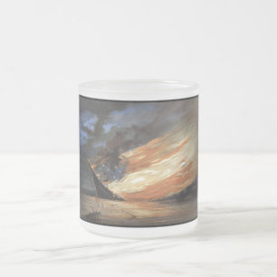 Rebel Civil War flagship on Fire of American flag Frosted Glass Coffee Mug