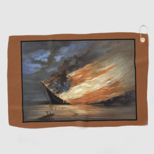 Rebel Civil War flagship on Fire of American flag Golf Towel