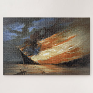 Rebel Civil War flagship on Fire of American flag  Jigsaw Puzzle