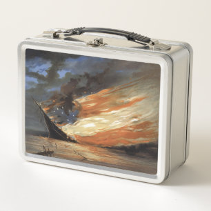 Rebel Civil War flagship on Fire of American flag Metal Lunch Box