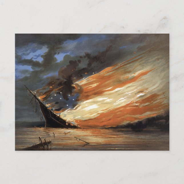 Rebel Civil War flagship on Fire of American flag Postcard (Front)
