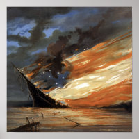Rebel Civil War flagship on Fire of American flag