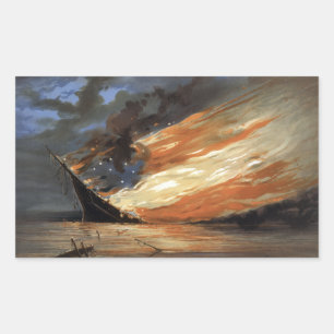 Rebel Civil War flagship on Fire of American flag Rectangular Sticker