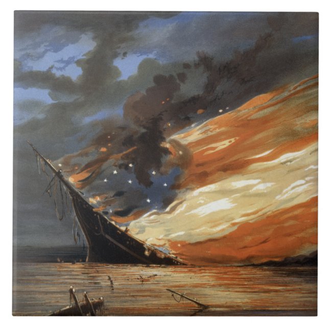 Rebel Civil War flagship on Fire of American flag  Tile (Front)