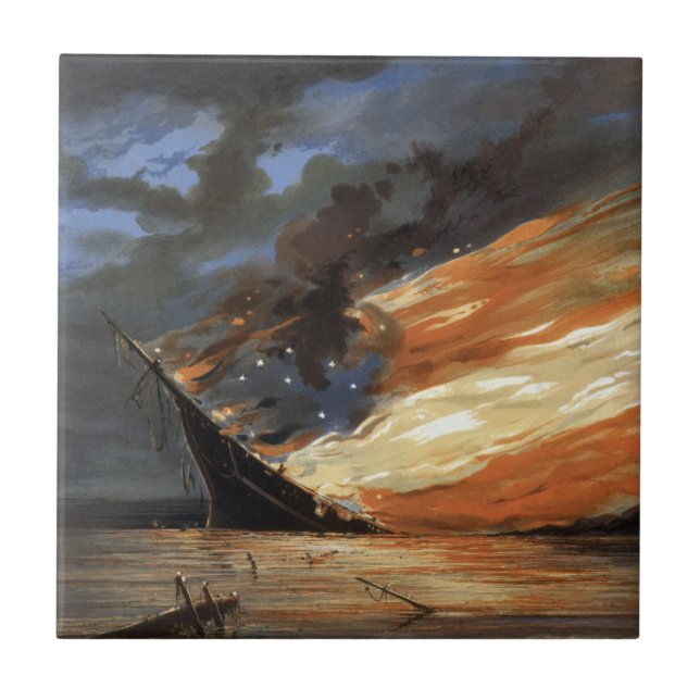 Rebel Civil War flagship on Fire of American flag  Tile (Front)