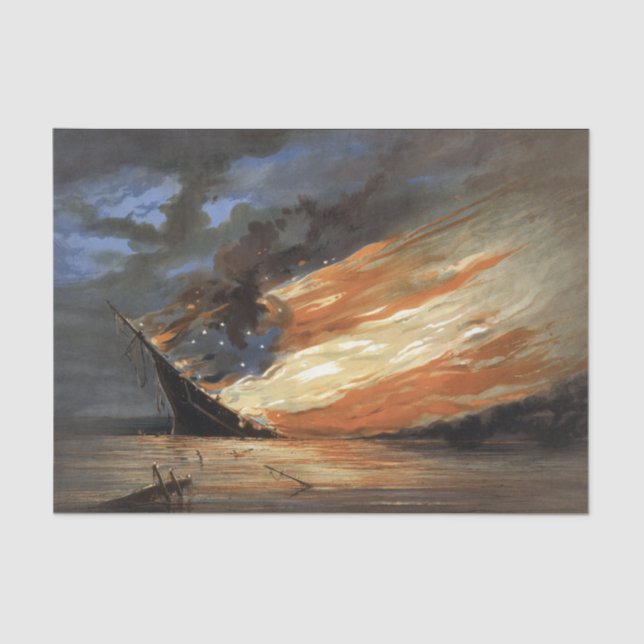 Rebel Civil War flagship on Fire of American flag  Tissue Paper (Front)