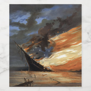 Rebel Civil War flagship on Fire of American flag Wine Label