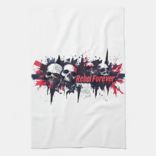 "Rebel Forever" - Edgy Skull Graphic Design Tea Towel