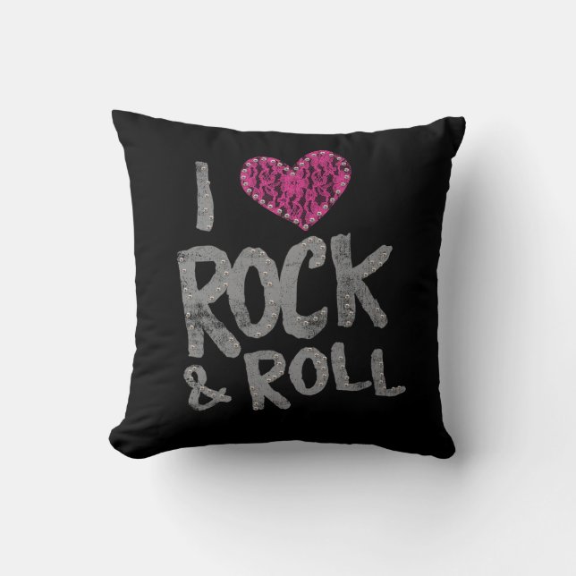 Rebel Kids Rock & Roll Pink Lace Heart Black Cushion (Front)