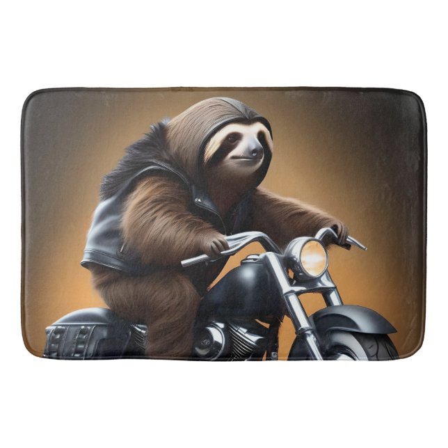Rebel Sloth: A Leather-Clad Sloth Riding Motorbike Bath Mat (Front)