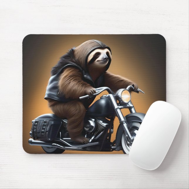 Rebel Sloth: A Leather-Clad Sloth Riding Motorbike Mouse Mat (With Mouse)