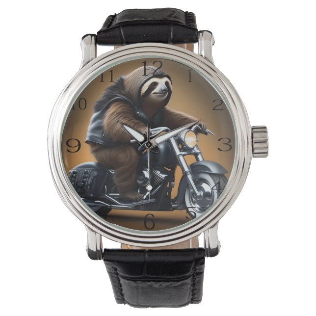 Rebel Sloth: A Leather-Clad Sloth Riding Motorbike Watch (Front)