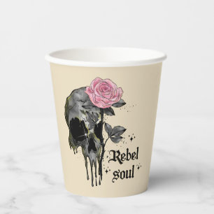 Rebel Soul - Gothic Skull with Pink Rose Paper Cups